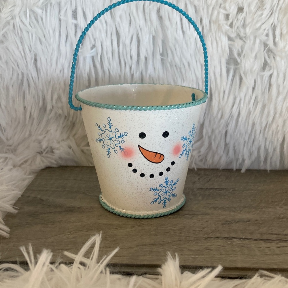 Festive Snowman Decorative Bucket - White and Blue